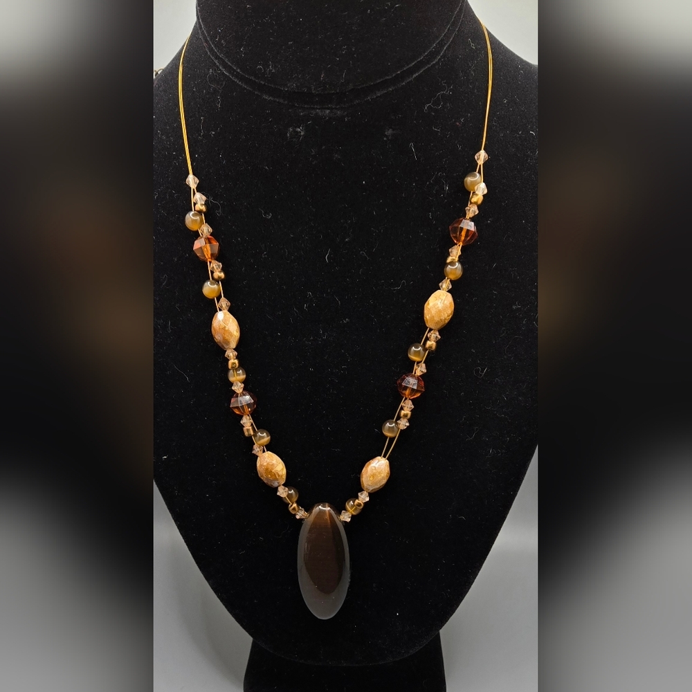 Beaded Necklace on Wire Tiger Eye Pendant Glass Acrylic Lobster Claw Clasp